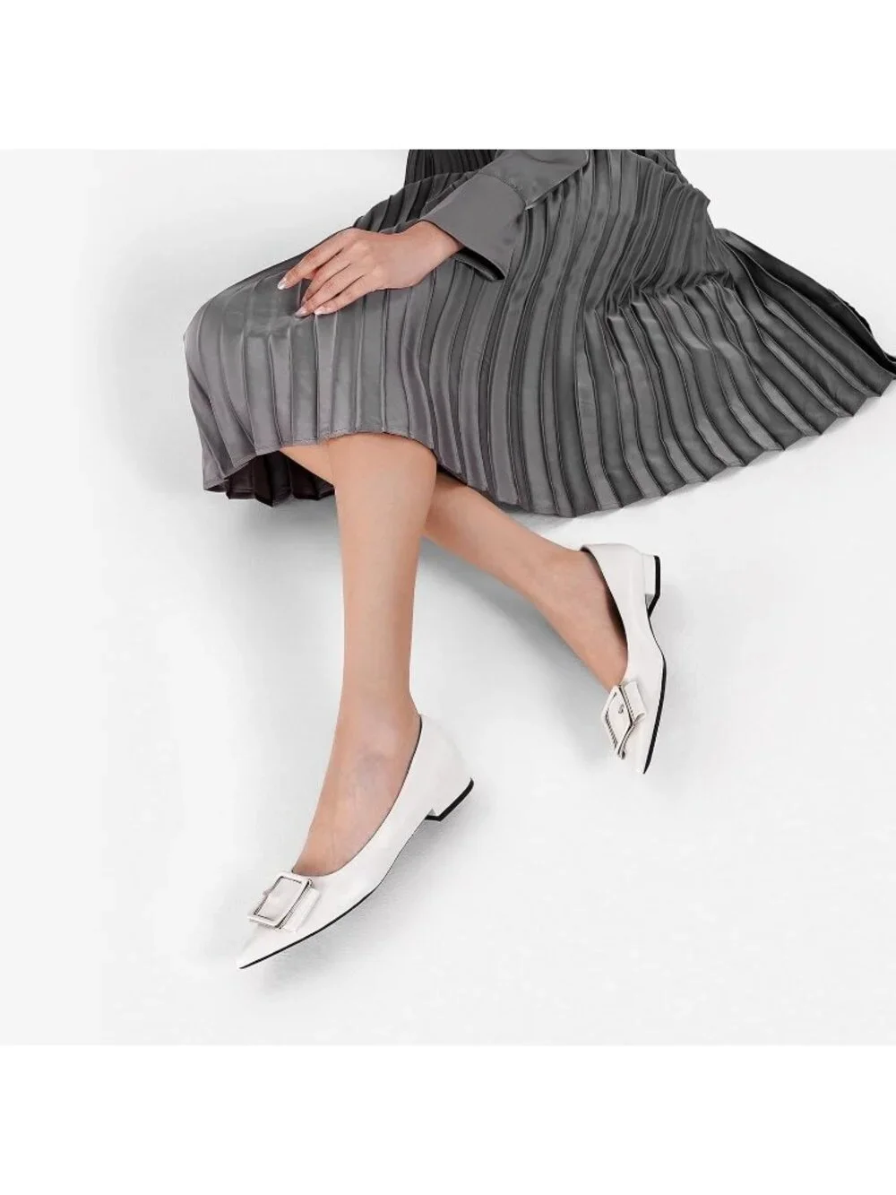 Women's White Pointed Toe Square Buckle Flats Elegant Slip-On Comfortable Shoes